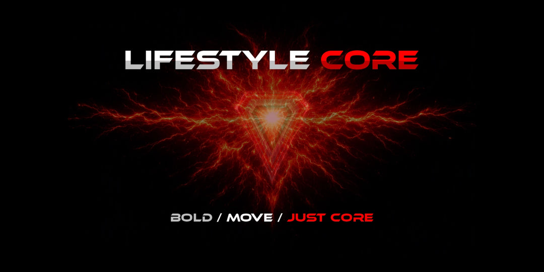 JUST-ORIGINALS™ LIFESTYLE CORE collection banner with red electric energy, subtle shield logo structure, and BOLD / MOVE / JUST CORE slogan on a black background.