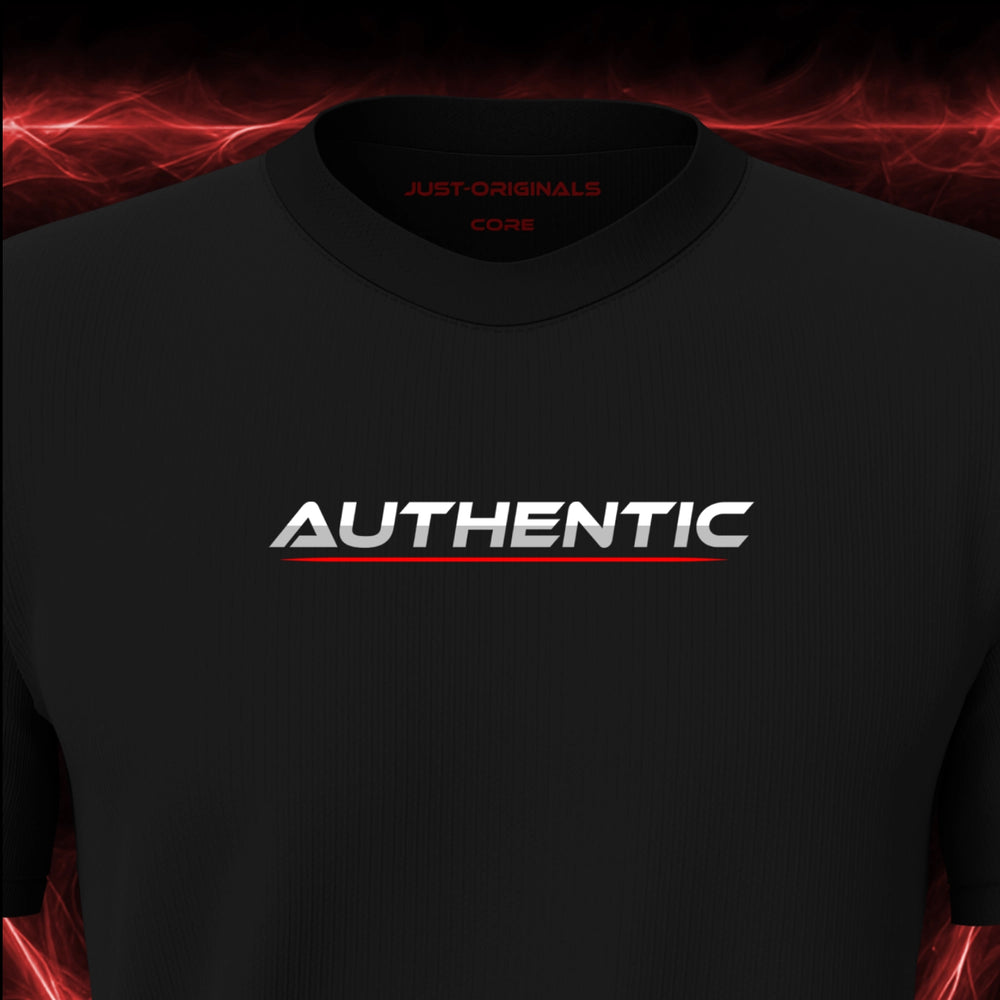 Close-up of the JUST-ORIGINALS™ LIFESTYLE CORE Unisex AUTHENTIC I design on a BlackPulse™ premium black t-shirt, featuring white AUTHENTIC typography with a red underline and premium neck label.