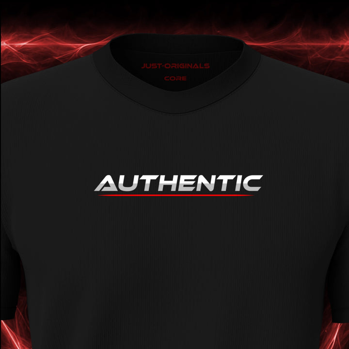 Close-up of the JUST-ORIGINALS™ LIFESTYLE CORE Unisex AUTHENTIC I design on a BlackPulse™ premium black t-shirt, featuring white AUTHENTIC typography with a red underline and premium neck label.