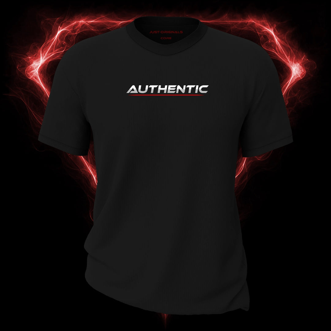 LIFESTYLE CORE Unisex Tee — AUTHENTIC I design on BlackPulse™ colorway with white lifestyle typography, silver-gray word accent, and red underline.