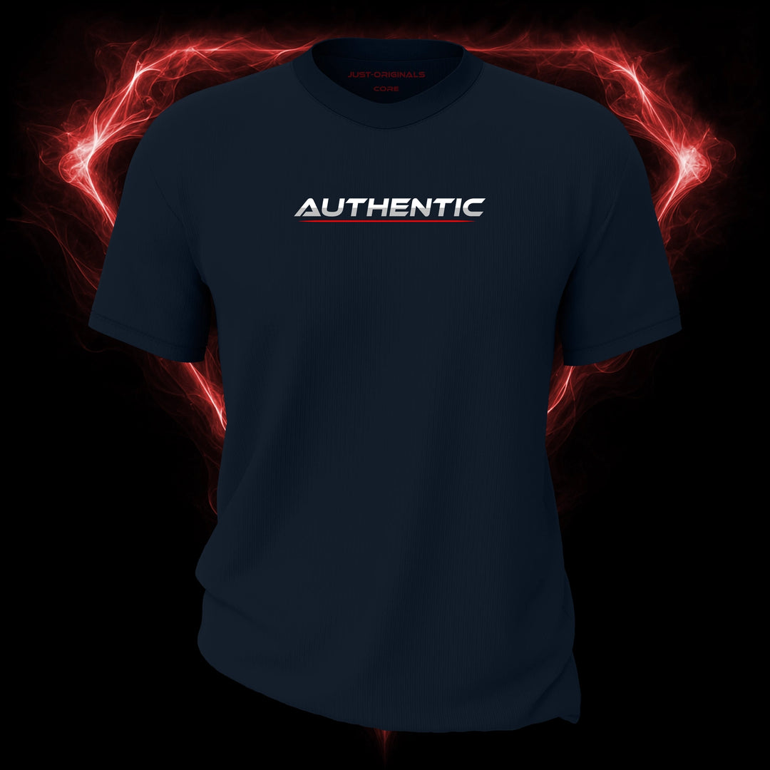 LIFESTYLE CORE Unisex Tee — AUTHENTIC I design on StormPulse™ colorway with white lifestyle typography, silver-gray word accent, and red underline.