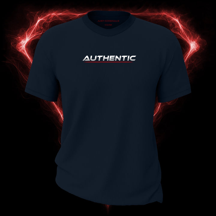 LIFESTYLE CORE Unisex Tee — AUTHENTIC I design on StormPulse™ colorway with white lifestyle typography, silver-gray word accent, and red underline.