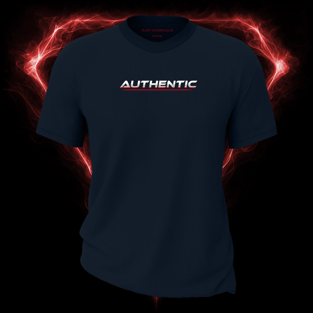 LIFESTYLE CORE Unisex Tee — AUTHENTIC III design on StormPulse™ colorway with white lifestyle typography, silver-gray word accent, red lower word accent, and red underline.