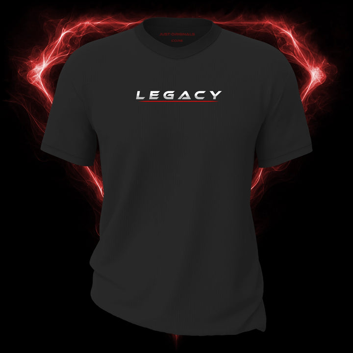 LIFESTYLE CORE Unisex Tee — LEGACY I design on ShadowPulse™ colorway with white lifestyle typography, silver-gray word accent, and red underline.