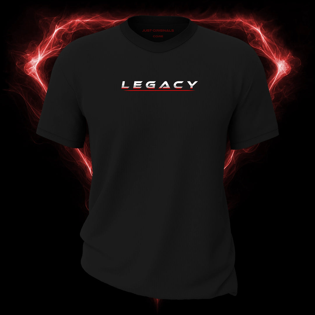 LIFESTYLE CORE Unisex Tee — LEGACY III design on BlackPulse™ colorway with white lifestyle typography, silver-gray word accent, red lower word accent, and red underline.