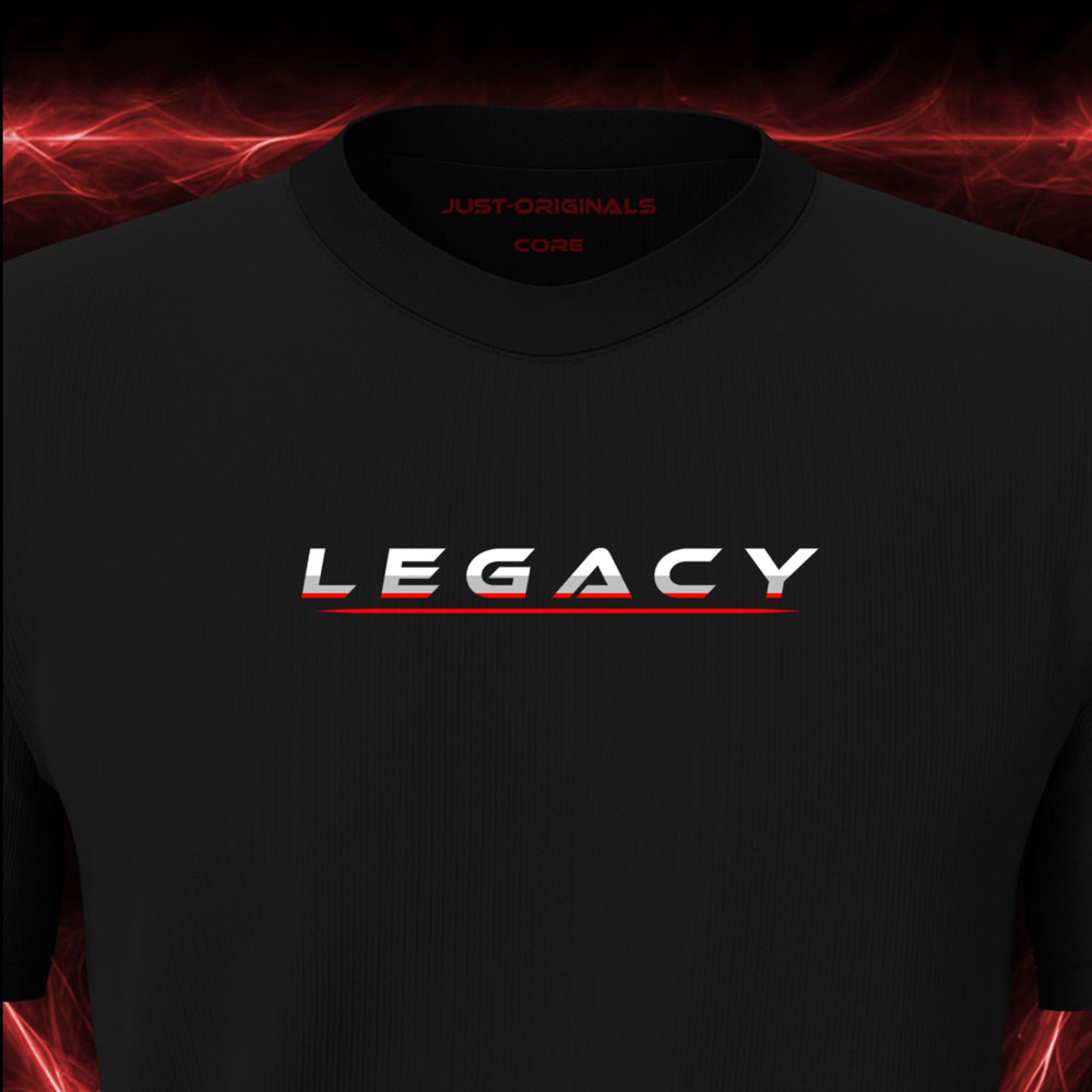 JUST-ORIGINALS™ LIFESTYLE CORE Unisex Tee — LEGACY III design close-up on BlackPulse™ premium fabric featuring white typography with bold red lower accents and a red underline.
