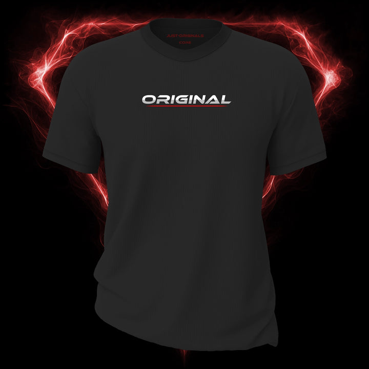 LIFESTYLE CORE Unisex Tee — ORIGINAL I design on ShadowPulse™ colorway with white lifestyle typography, silver-gray word accent, and red underline.