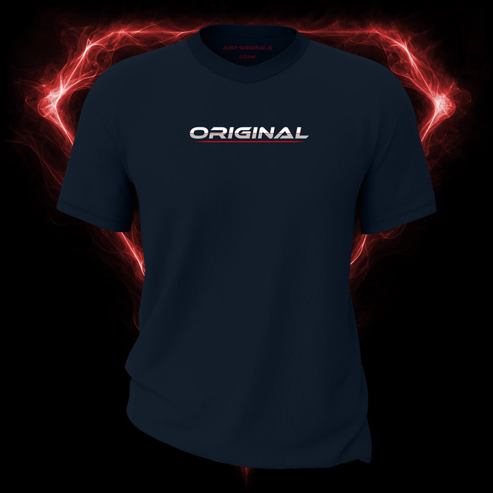 LIFESTYLE CORE Unisex Tee — ORIGINAL II design on StormPulse™ colorway with white lifestyle typography, silver-gray word accent, thin red word divider, and red underline.
