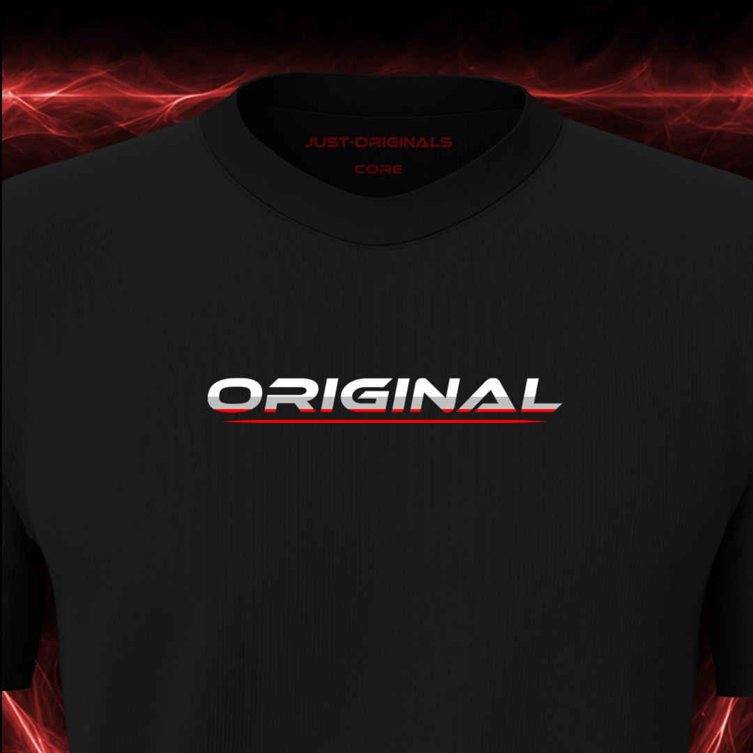 JUST-ORIGINALS™ LIFESTYLE CORE Unisex Tee — ORIGINAL III design close-up on BlackPulse™ premium fabric featuring white typography with red lower accent, red center accent, and red underline.