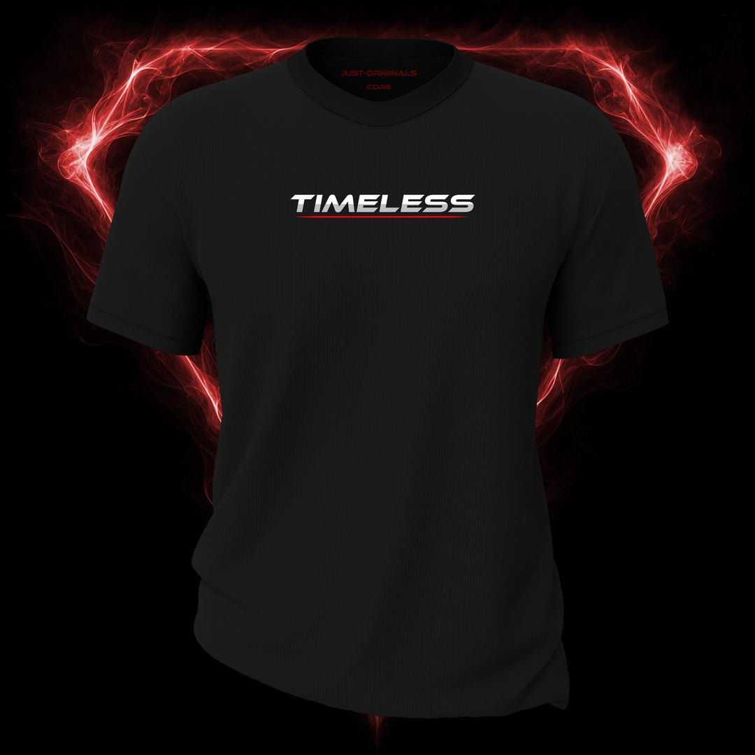 LIFESTYLE CORE Unisex Tee — TIMELESS I design on BlackPulse™ colorway with white lifestyle typography, silver-gray word accent, and red underline.