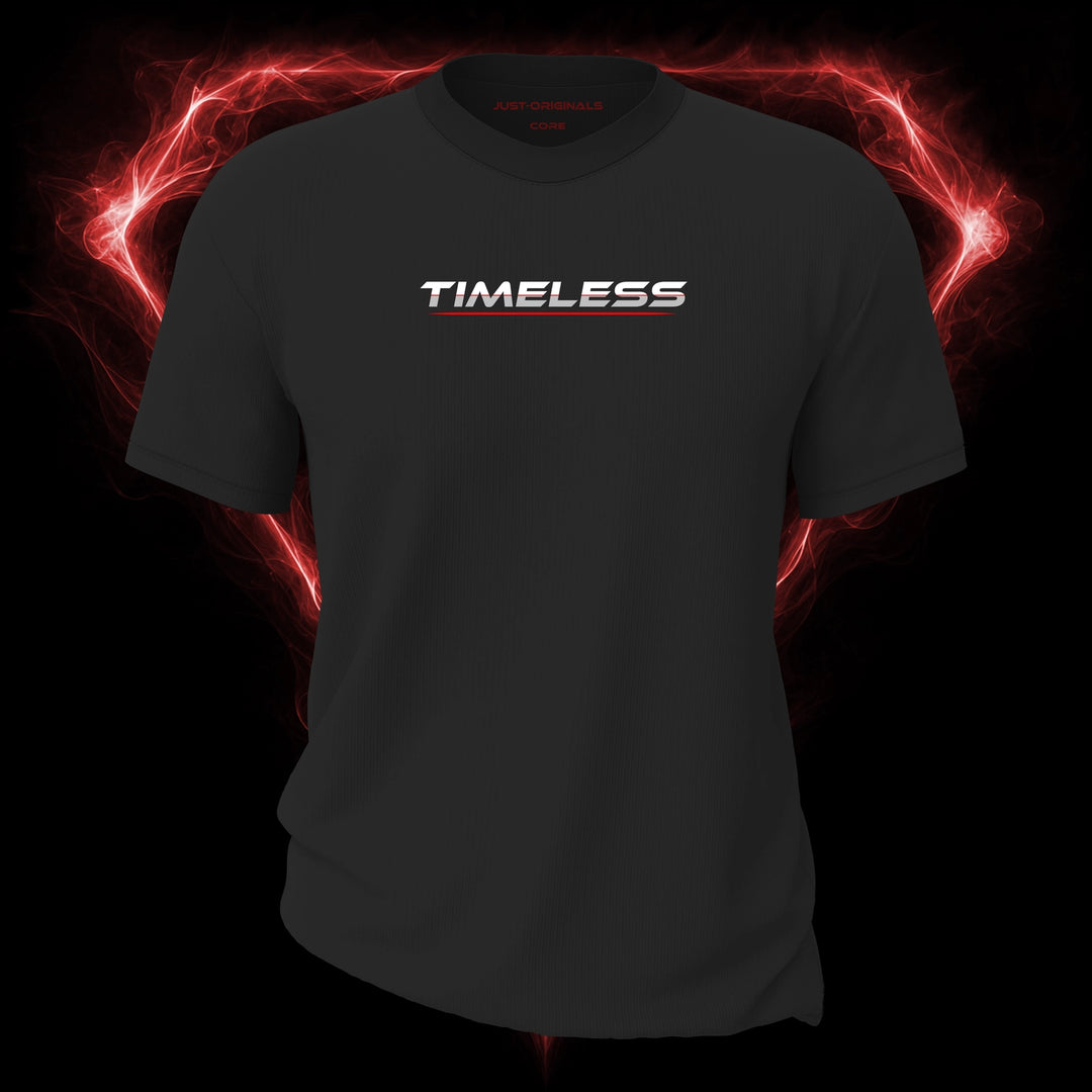 LIFESTYLE CORE Unisex Tee — TIMELESS II design on ShadowPulse™ colorway with white lifestyle typography, silver-gray word accent, thin red word divider, and red underline.