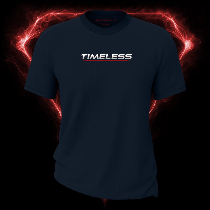 LIFESTYLE CORE Unisex Tee — TIMELESS II design on StormPulse™ colorway with white lifestyle typography, silver-gray word accent, thin red word divider, and red underline.