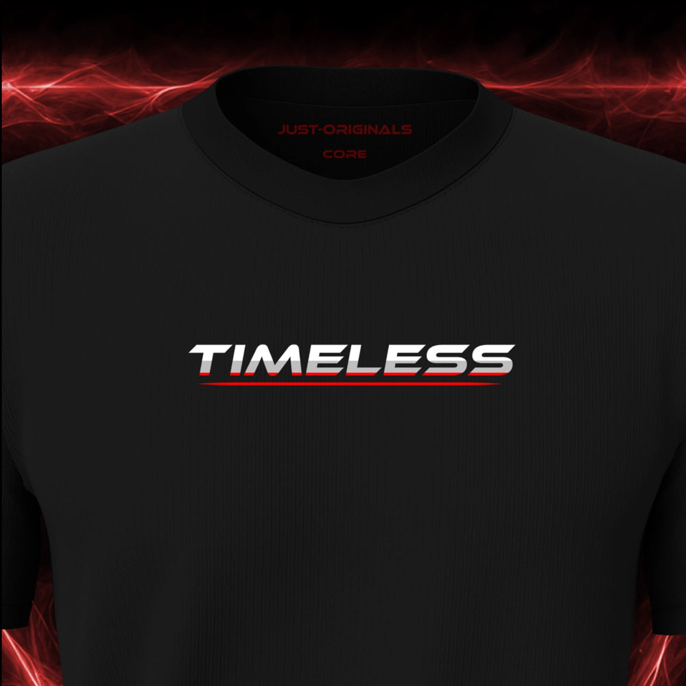 Close-up of the JUST-ORIGINALS™ LIFESTYLE CORE Unisex TIMELESS III design on a BlackPulse™ premium black t-shirt, featuring white TIMELESS typography with a bold red lower accent, red underline, and premium neck label.