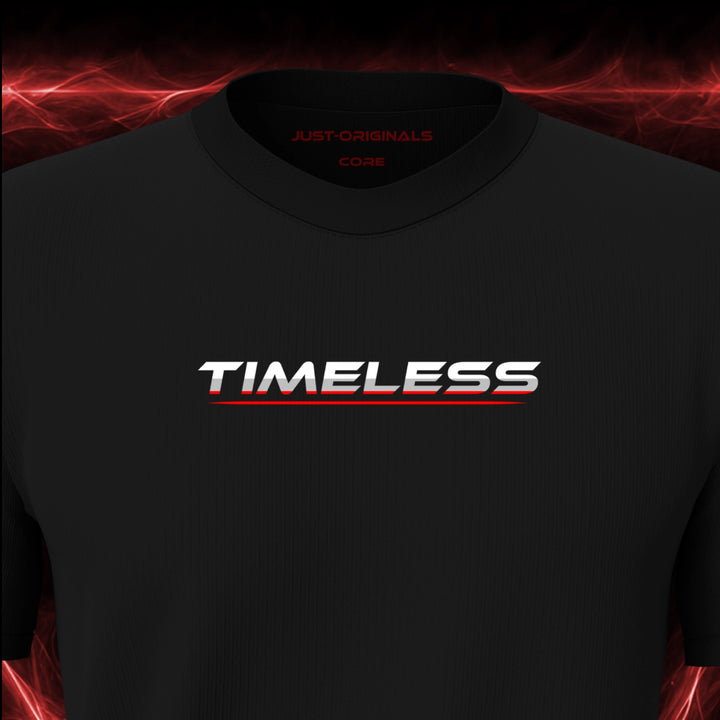 Close-up of the JUST-ORIGINALS™ LIFESTYLE CORE Unisex TIMELESS III design on a BlackPulse™ premium black t-shirt, featuring white TIMELESS typography with a bold red lower accent, red underline, and premium neck label.