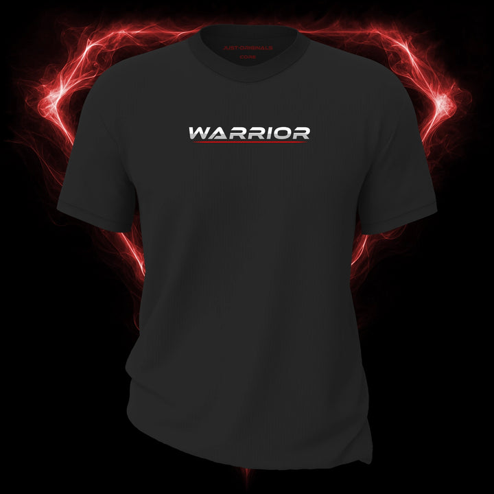 LIFESTYLE CORE Unisex Tee — WARRIOR I design on ShadowPulse™ colorway with white lifestyle typography, silver-gray word accent, and red underline.