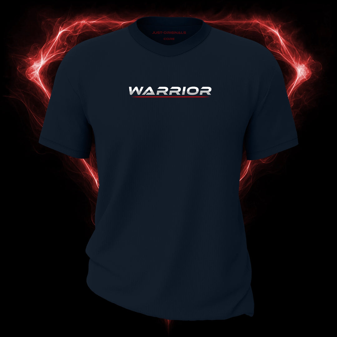 LIFESTYLE CORE Unisex Tee — WARRIOR I design on StormPulse™ colorway with white lifestyle typography, silver-gray word accent, and red underline.