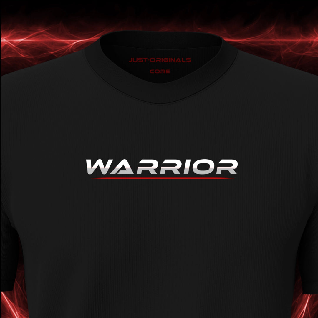 JUST-ORIGINALS™ LIFESTYLE CORE Unisex Tee — WARRIOR II design close-up on BlackPulse™ premium fabric featuring white typography with silver-gray accents and a red underline.