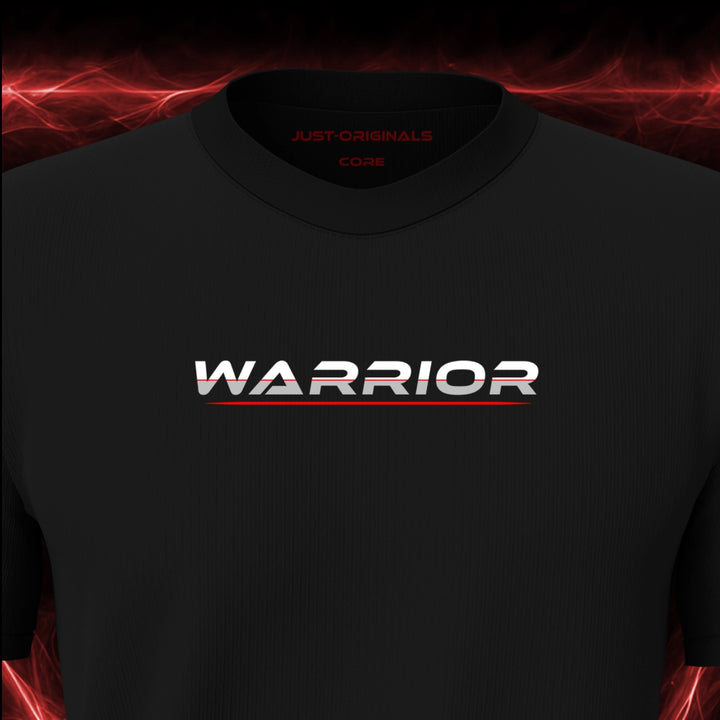 JUST-ORIGINALS™ LIFESTYLE CORE Unisex Tee — WARRIOR II design close-up on BlackPulse™ premium fabric featuring white typography with silver-gray accents and a red underline.