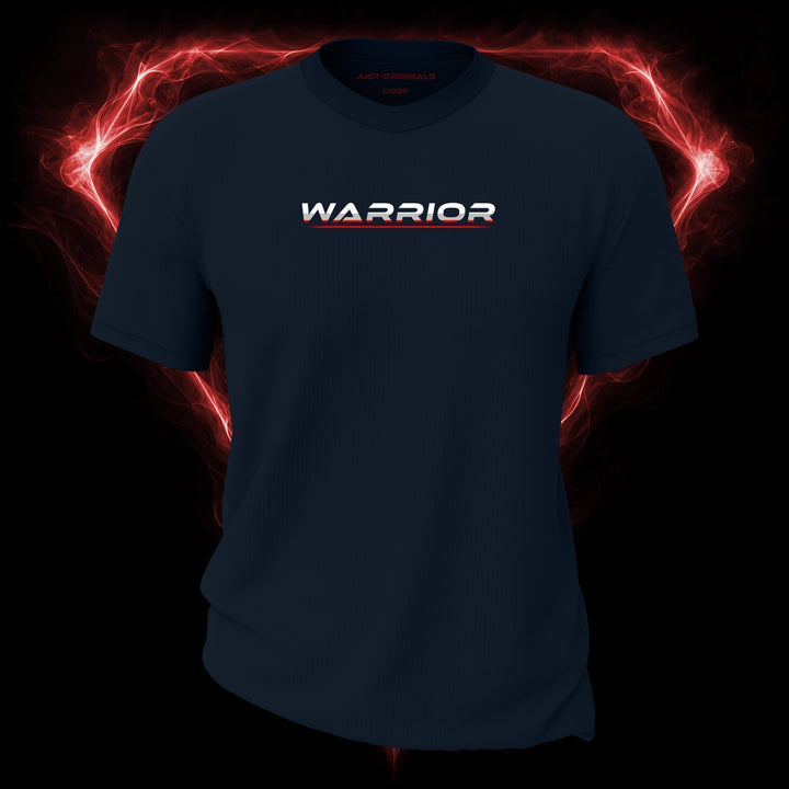 LIFESTYLE CORE Unisex Tee — WARRIOR III design on StormPulse™ colorway with white lifestyle typography, silver-gray word accent, red lower word accent, and red underline.