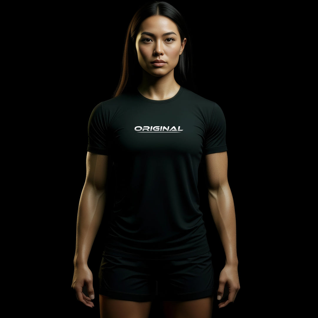 JUST-ORIGINALS LIFESTYLE ONE unisex tee model wearing the ORIGINAL II design in a premium black lifestyle look, shown front-facing against a dark minimalist background.