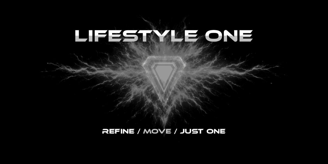 JUST-ORIGINALS™ LIFESTYLE ONE collection banner with white and silver electric energy, subtle shield logo structure, and REFINE / MOVE / JUST ONE slogan on a black background.