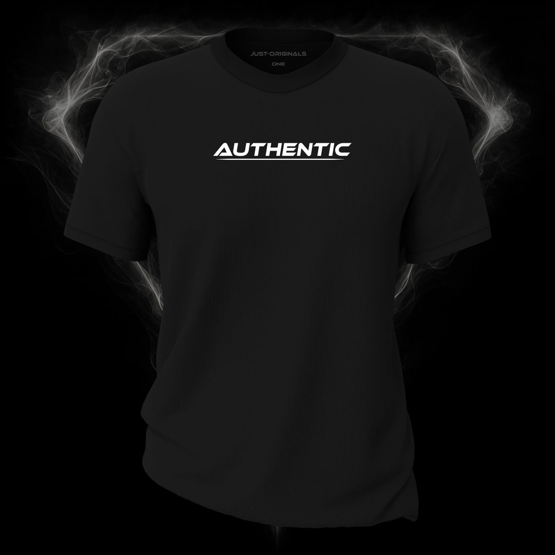 LIFESTYLE ONE Unisex Tee — AUTHENTIC I design on BlackPulse™ colorway with white minimal lifestyle typography and white underline.