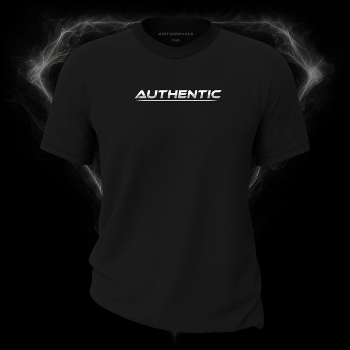 LIFESTYLE ONE Unisex Tee — AUTHENTIC II design on BlackPulse™ colorway with white lifestyle typography, silver-gray word accent, and white underline.