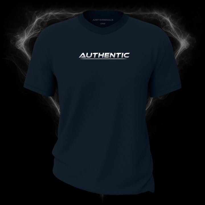 LIFESTYLE ONE Unisex Tee — AUTHENTIC II design on StormPulse™ colorway with white lifestyle typography, silver-gray word accent, and white underline.