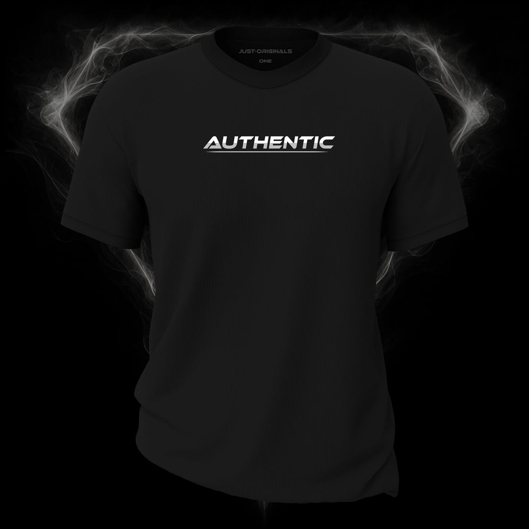 LIFESTYLE ONE Unisex Tee — AUTHENTIC III design on BlackPulse™ colorway with white lifestyle typography, silver-gray word accent, and silver-gray underline.