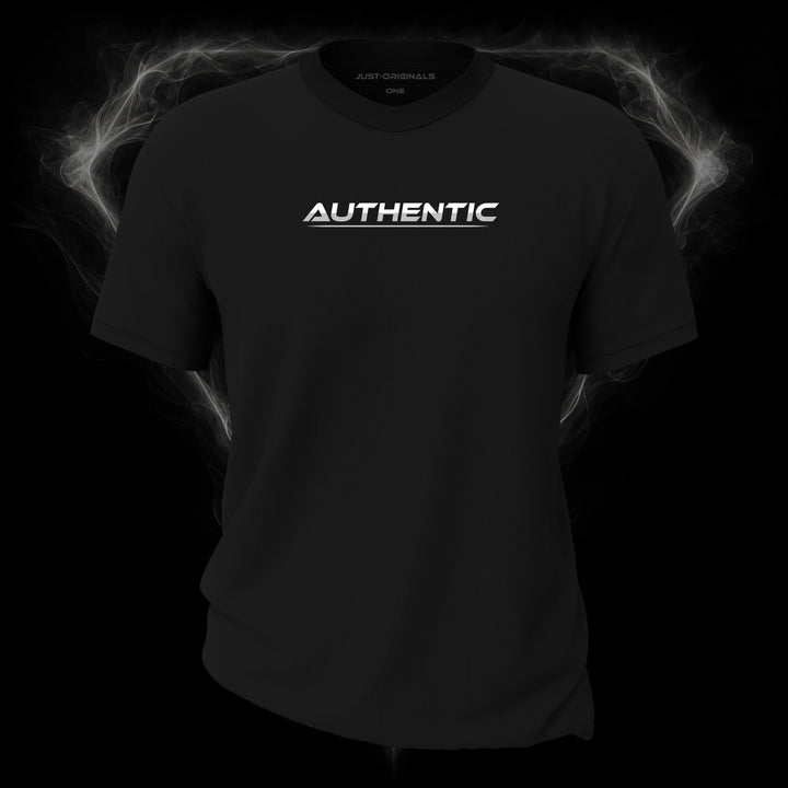 LIFESTYLE ONE Unisex Tee — AUTHENTIC III design on BlackPulse™ colorway with white lifestyle typography, silver-gray word accent, and silver-gray underline.