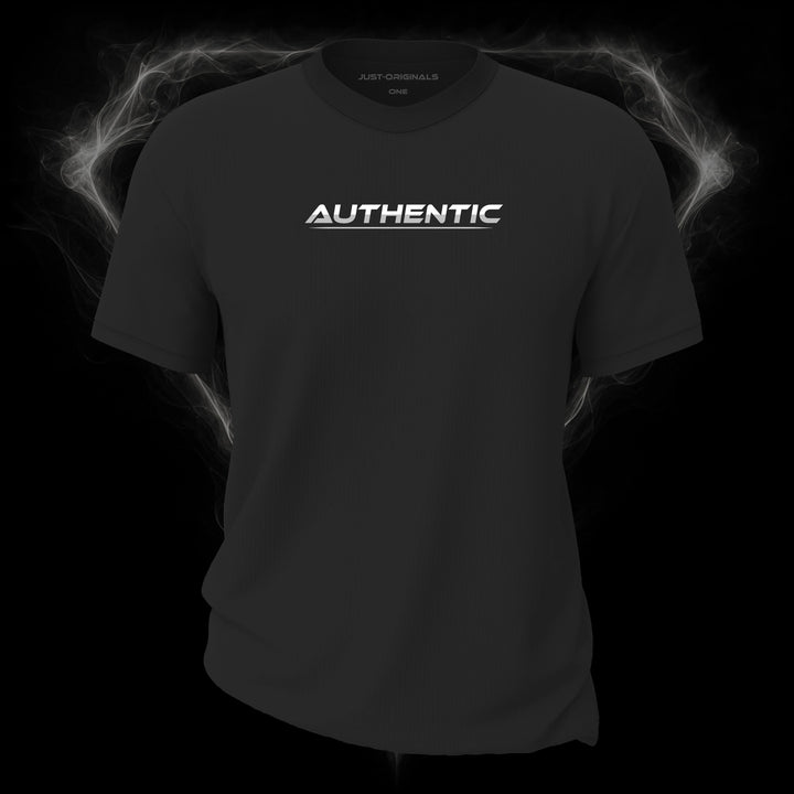 LIFESTYLE ONE Unisex Tee — AUTHENTIC III design on ShadowPulse™ colorway with white lifestyle typography, silver-gray word accent, and silver-gray underline.