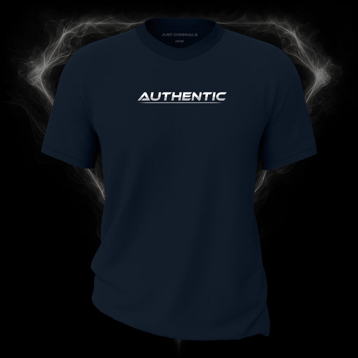 LIFESTYLE ONE Unisex Tee — AUTHENTIC III design on StormPulse™ colorway with white lifestyle typography, silver-gray word accent, and silver-gray underline.
