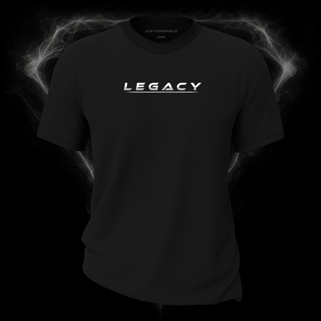 LIFESTYLE ONE Unisex Tee — LEGACY II design on BlackPulse™ colorway with white lifestyle typography, silver-gray word accent, and white underline.