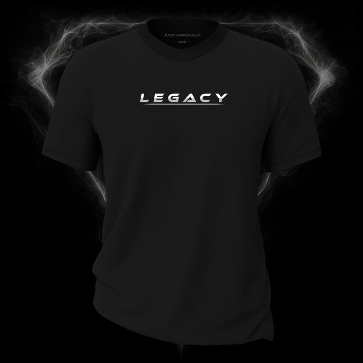 LIFESTYLE ONE Unisex Tee — LEGACY II design on BlackPulse™ colorway with white lifestyle typography, silver-gray word accent, and white underline.