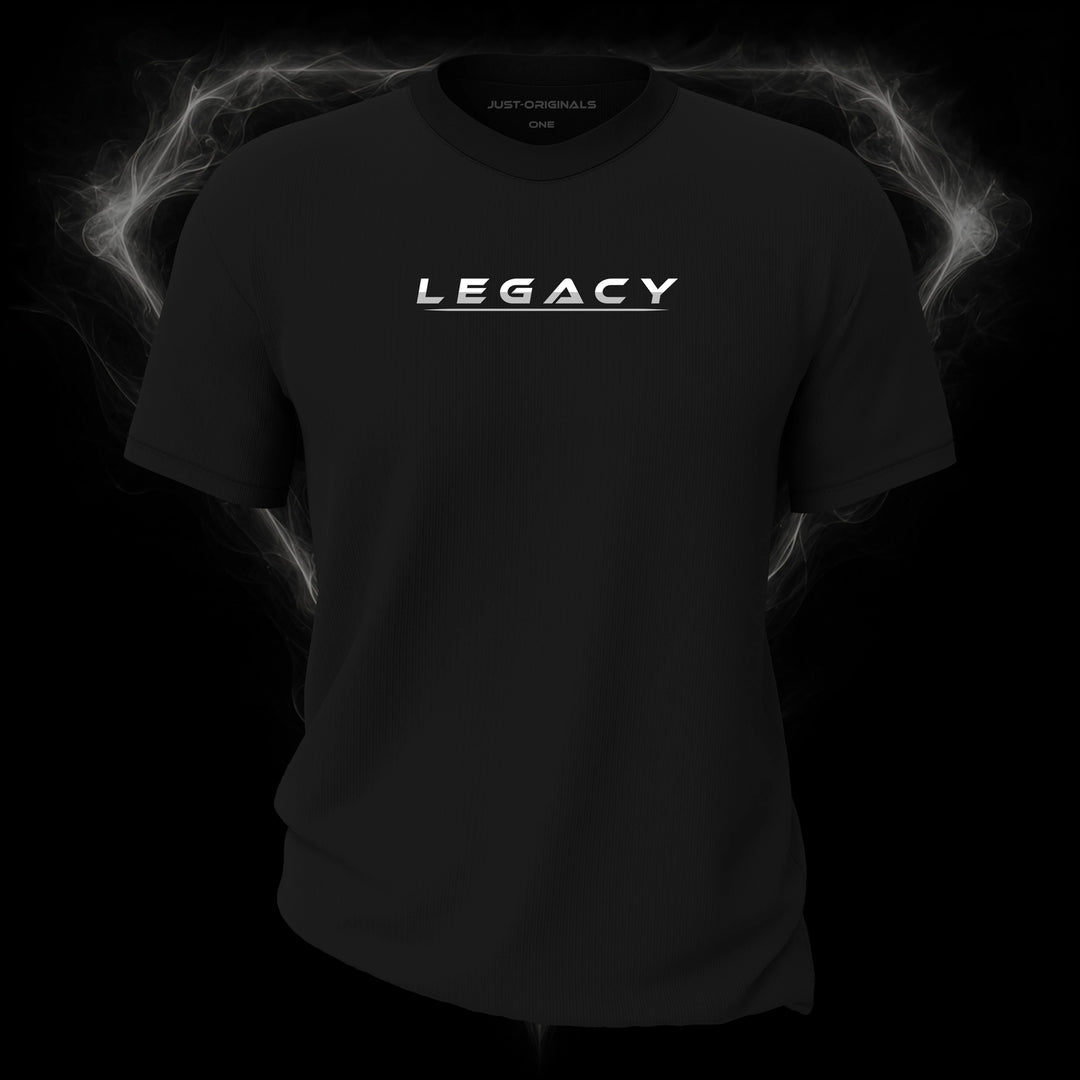 LIFESTYLE ONE Unisex Tee — LEGACY III design on BlackPulse™ colorway with white lifestyle typography, silver-gray word accent, and silver-gray underline.
