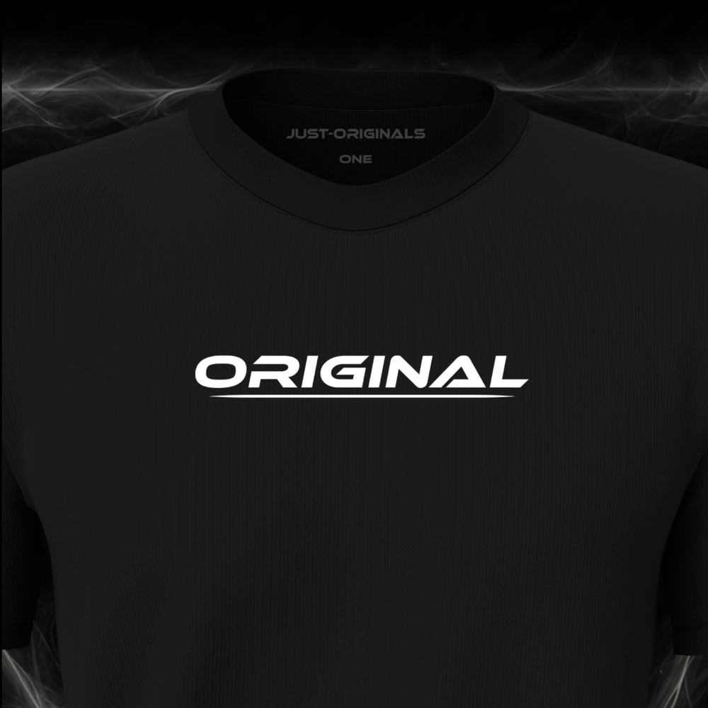 JUST-ORIGINALS™ LIFESTYLE ONE Unisex Tee — ORIGINAL I design close-up on BlackPulse™ premium fabric featuring white typography with white underline.