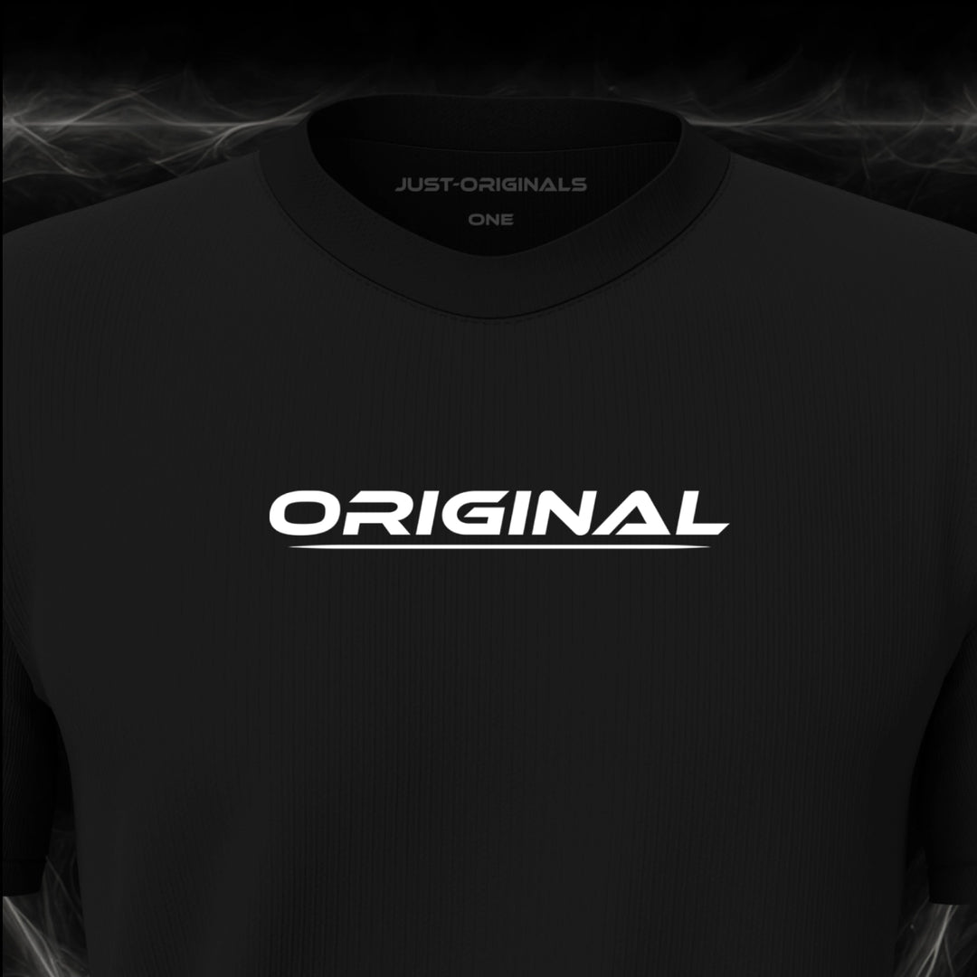 JUST-ORIGINALS™ LIFESTYLE ONE Unisex Tee — ORIGINAL I design close-up on BlackPulse™ premium fabric featuring white typography with white underline.