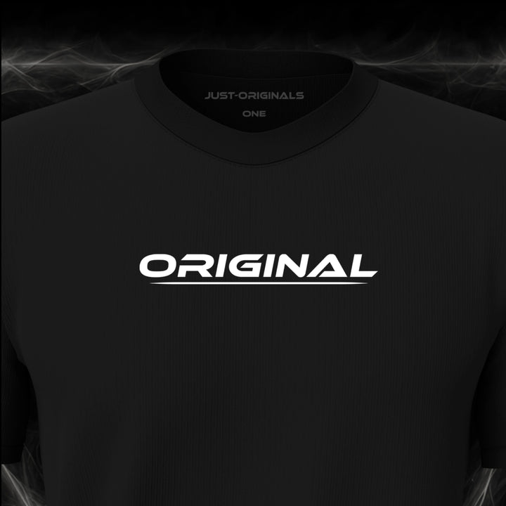JUST-ORIGINALS™ LIFESTYLE ONE Unisex Tee — ORIGINAL I design close-up on BlackPulse™ premium fabric featuring white typography with white underline.