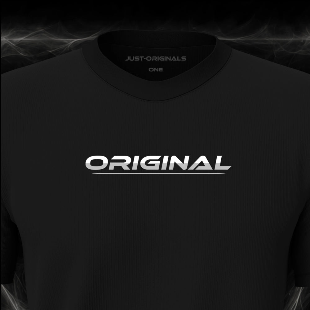 JUST-ORIGINALS™ LIFESTYLE ONE Unisex Tee — ORIGINAL III design close-up on BlackPulse™ premium fabric featuring white typography with silver-gray lower accent, silver-gray underline, and white upper accent.