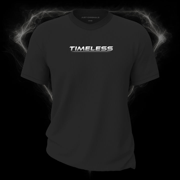 LIFESTYLE ONE Unisex Tee — TIMELESS III design on ShadowPulse™ colorway with white lifestyle typography, silver-gray word accent, and silver-gray underline.