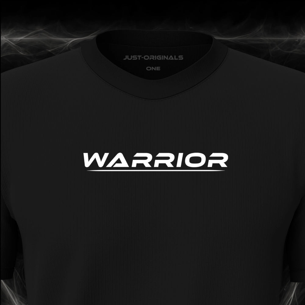 Close-up of the JUST-ORIGINALS™ LIFESTYLE ONE Unisex WARRIOR I design on a BlackPulse™ premium black t-shirt, featuring white WARRIOR typography, a white underline, and premium neck label.