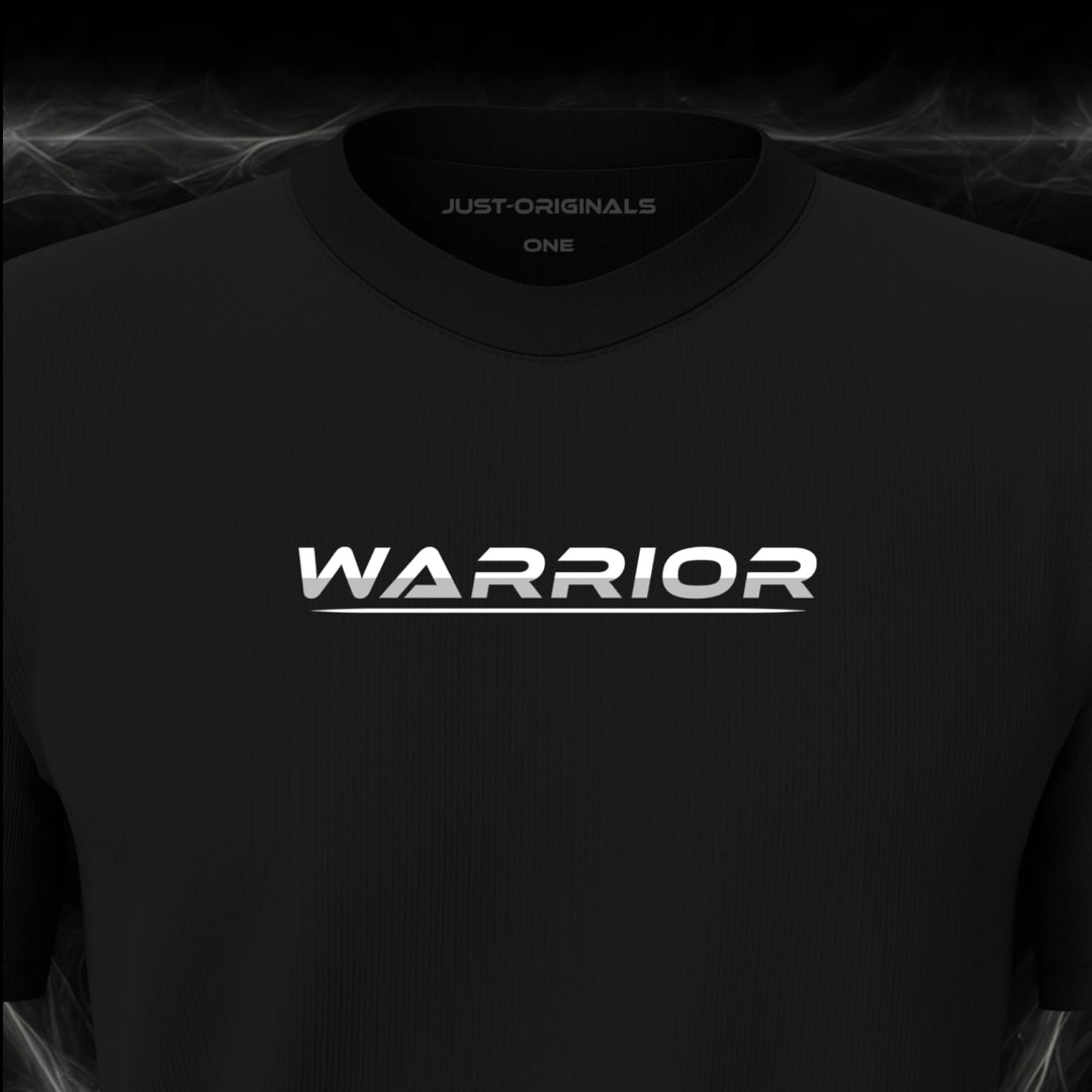 Close-up of the JUST-ORIGINALS™ LIFESTYLE ONE Unisex WARRIOR II design on a BlackPulse™ premium black t-shirt, featuring white WARRIOR typography with a silver-gray accent, a white underline, and premium neck label.