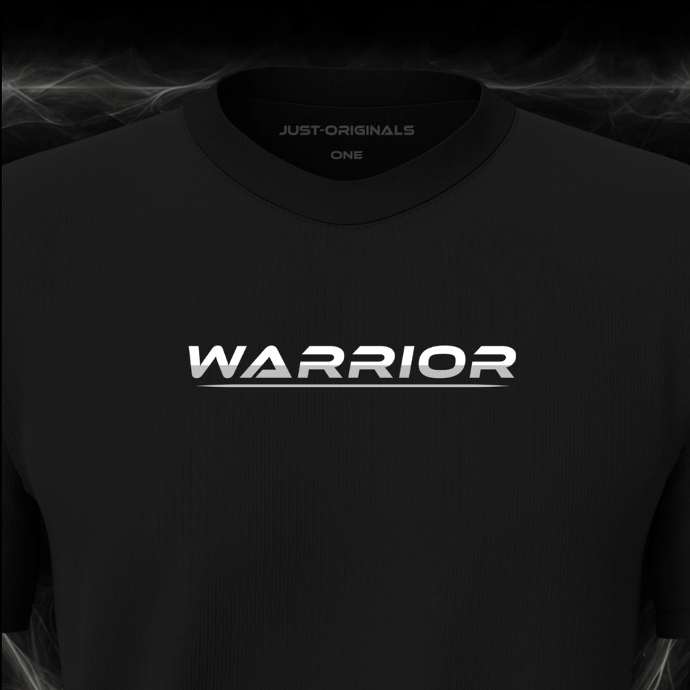 Close-up of the JUST-ORIGINALS™ LIFESTYLE ONE Unisex WARRIOR III design on a BlackPulse™ premium black t-shirt, featuring white WARRIOR typography with silver-gray accents, a silver-gray underline, and premium neck label.