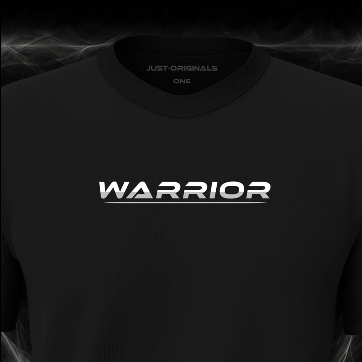 Close-up of the JUST-ORIGINALS™ LIFESTYLE ONE Unisex WARRIOR III design on a BlackPulse™ premium black t-shirt, featuring white WARRIOR typography with silver-gray accents, a silver-gray underline, and premium neck label.
