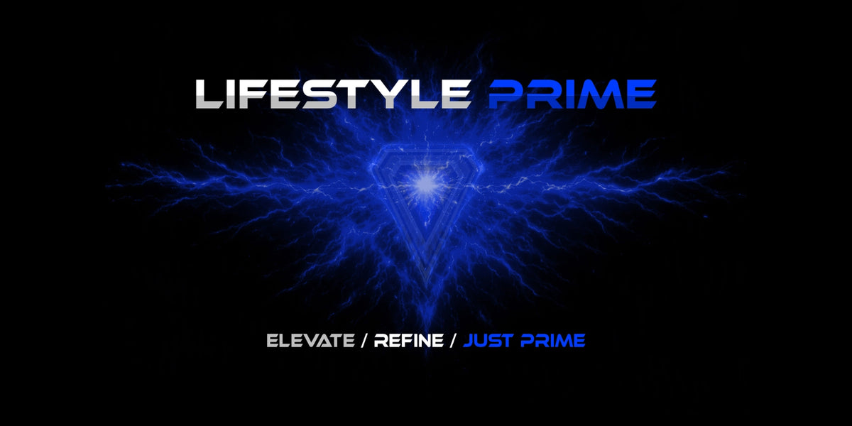 JUST-ORIGINALS™ LIFESTYLE PRIME collection banner with blue electric energy, subtle shield logo structure, and ELEVATE / REFINE / JUST PRIME slogan on a black background.