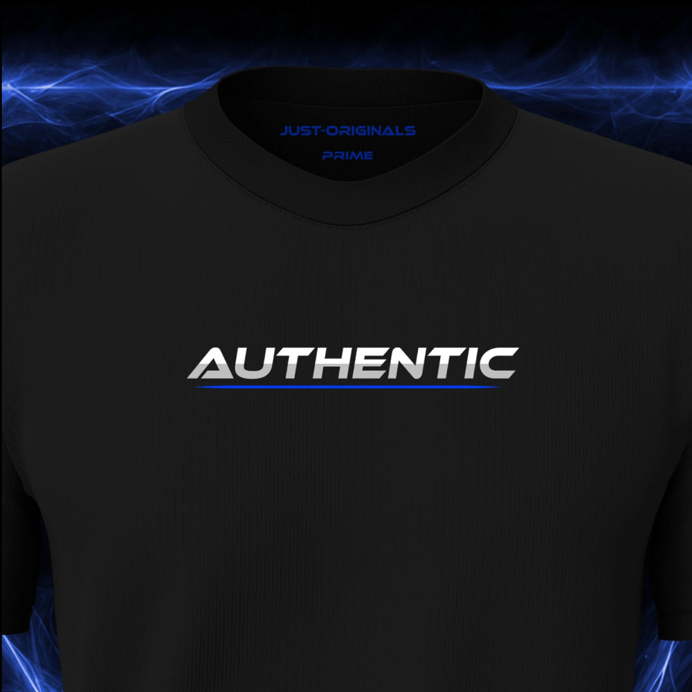 Close-up of the JUST-ORIGINALS™ LIFESTYLE PRIME Unisex AUTHENTIC I design on a BlackPulse™ premium black t-shirt, featuring white AUTHENTIC typography with a blue underline and premium neck label.