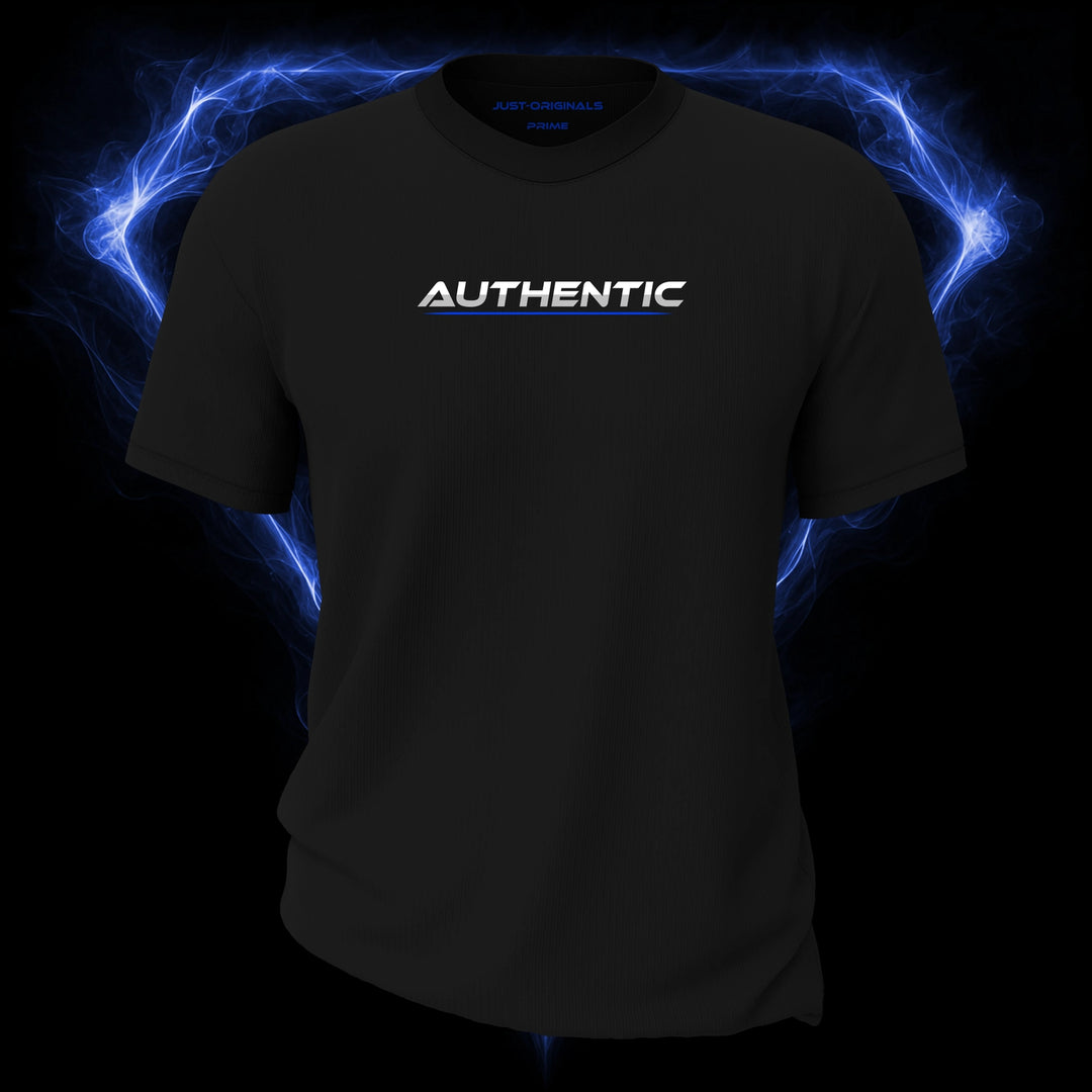 LIFESTYLE PRIME Unisex Tee — AUTHENTIC I design on BlackPulse™ colorway with white lifestyle typography, silver-gray word accent, and blue underline.
