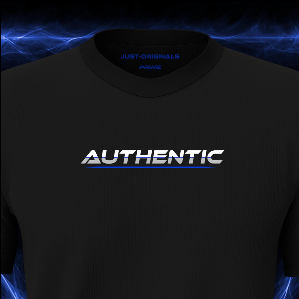 Close-up of the JUST-ORIGINALS™ LIFESTYLE PRIME Unisex AUTHENTIC II design on a BlackPulse™ premium black t-shirt, featuring white AUTHENTIC typography with silver-gray accents, a blue center divider, blue underline, and premium neck label.