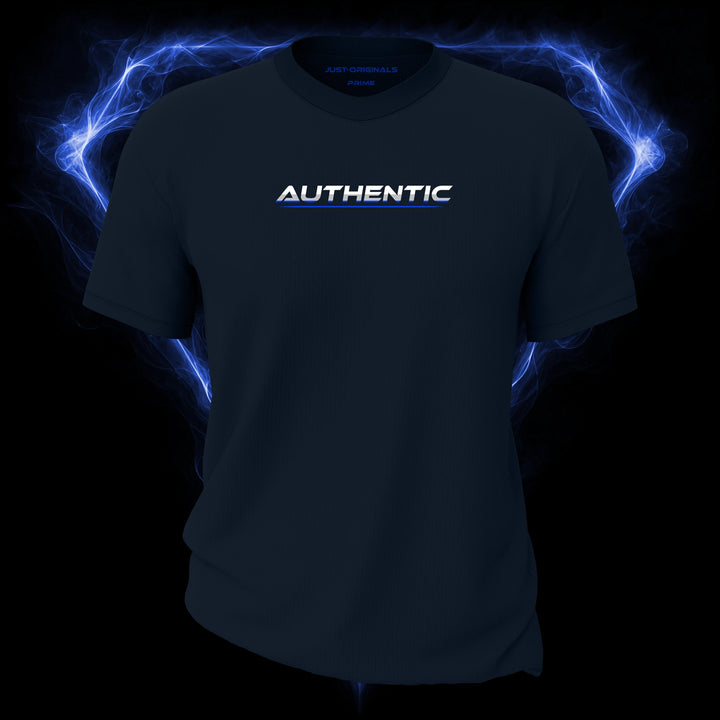 LIFESTYLE PRIME Unisex Tee — AUTHENTIC III design on StormPulse™ colorway with white lifestyle typography, silver-gray word accent, blue lower word accent, and blue underline.