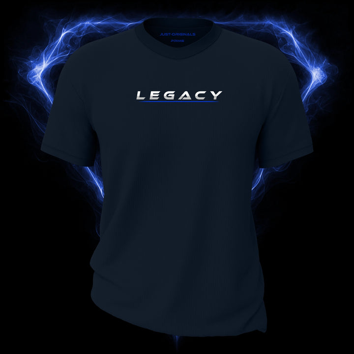 LIFESTYLE PRIME Unisex Tee — LEGACY I design on StormPulse™ colorway with white lifestyle typography, silver-gray word accent, and blue underline.